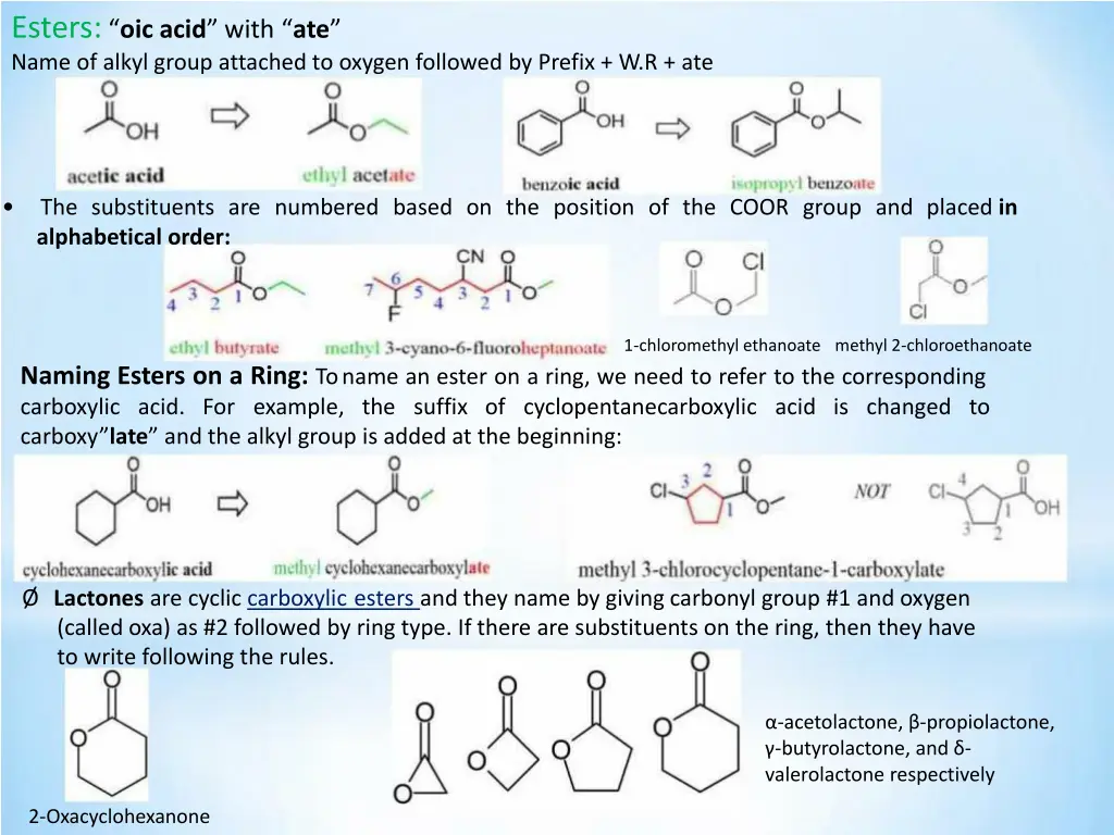 esters oic acid with ate name of alkyl group