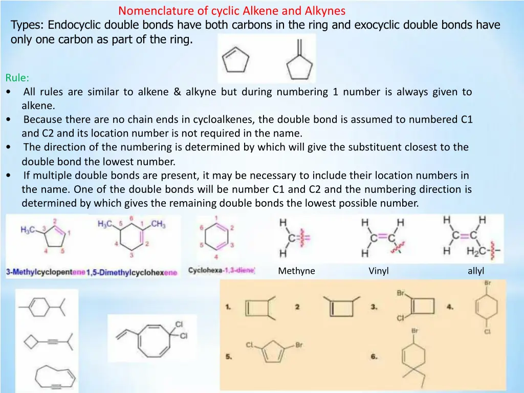 nomenclature of cyclic alkene and alkynes types