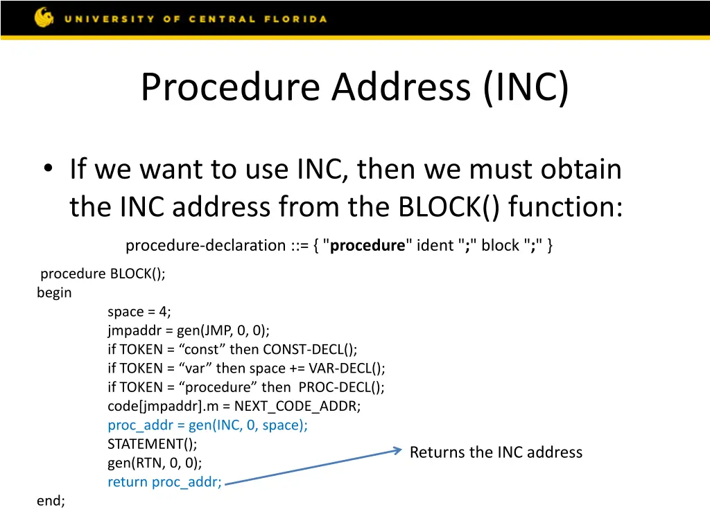 procedure address inc 1
