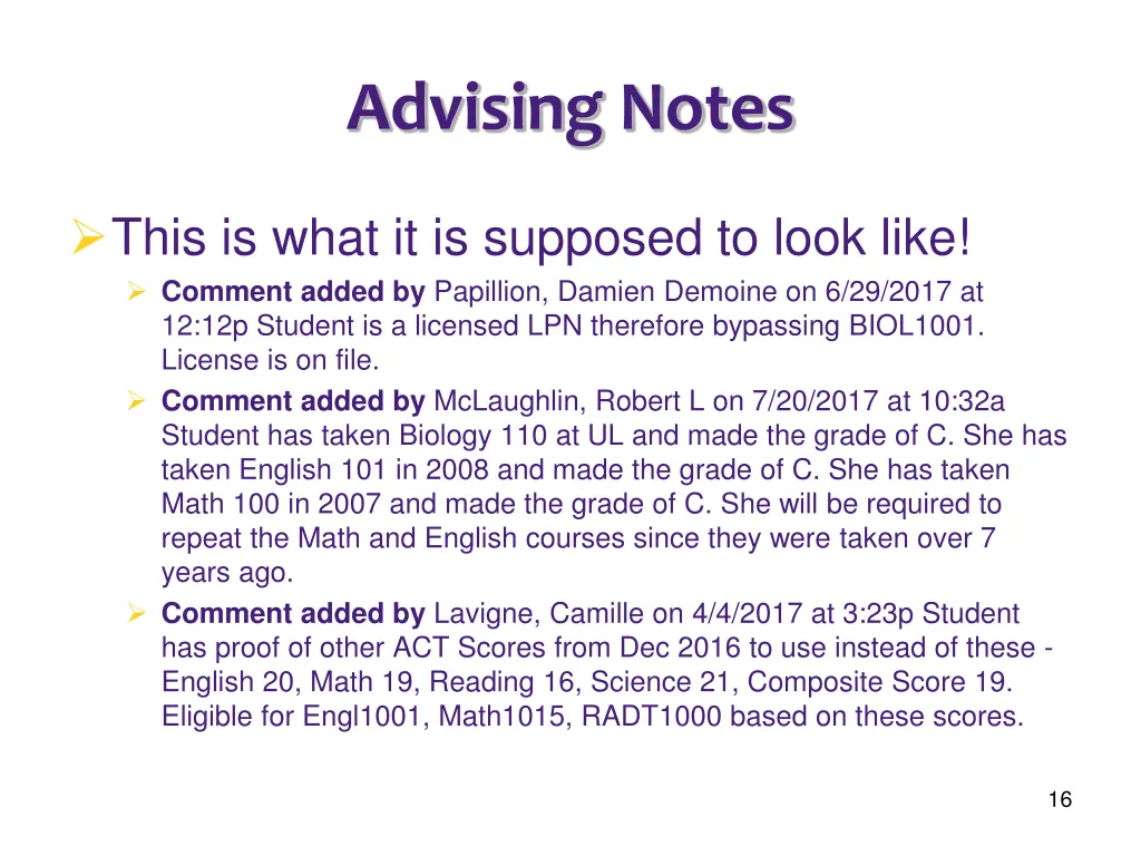 advising notes