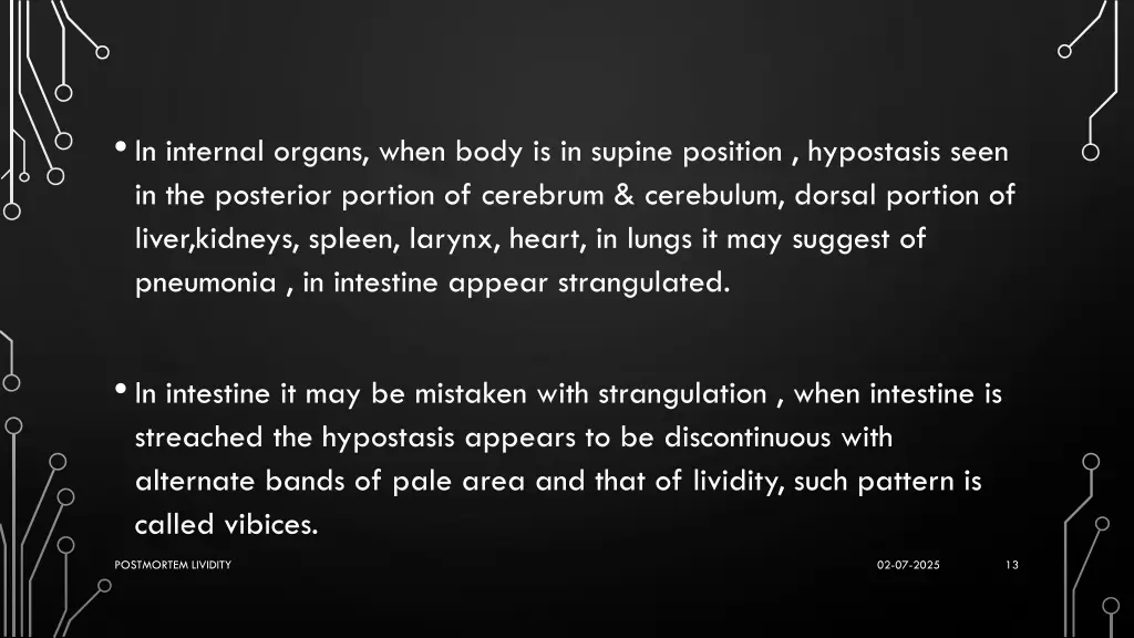 in internal organs when body is in supine