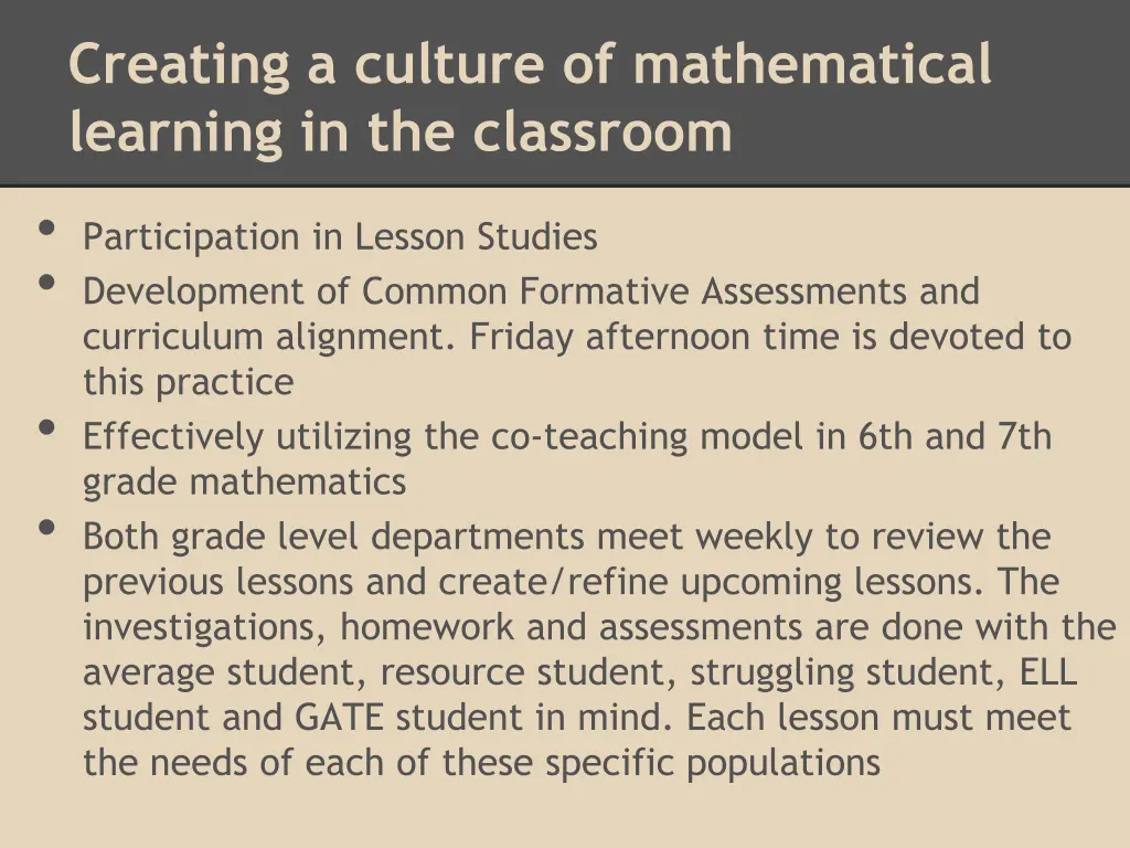 creating a culture of mathematical learning