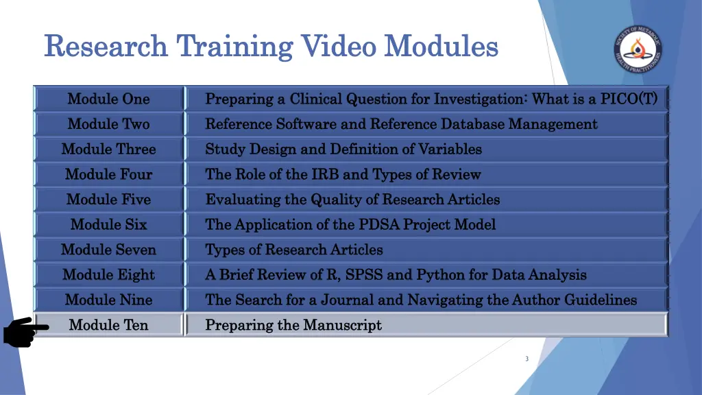 research training video modules research training