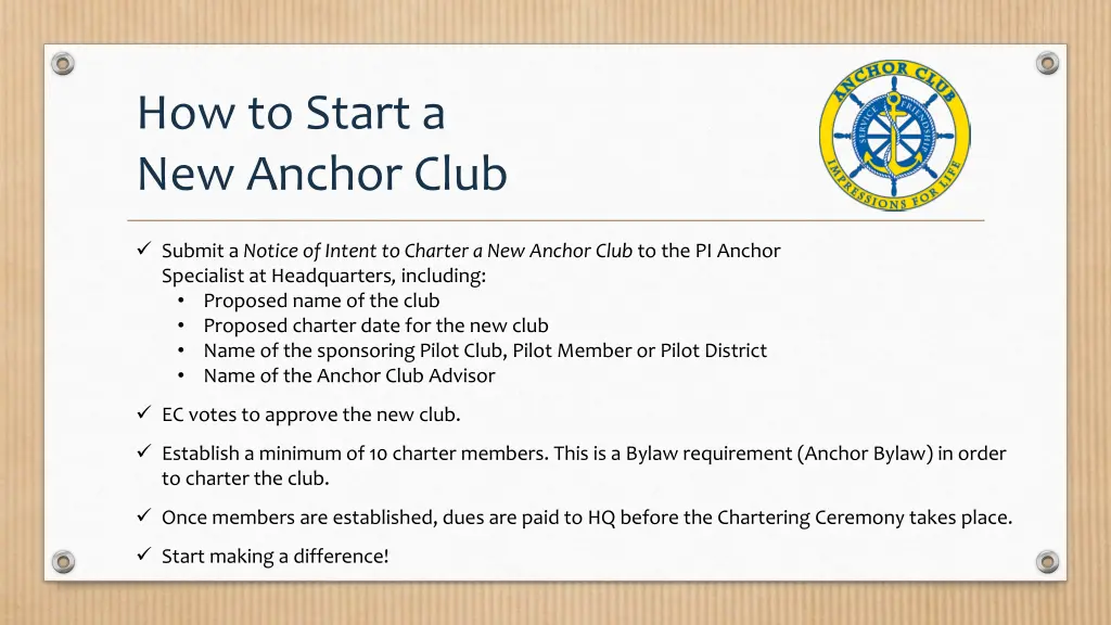 how to start a new anchor club