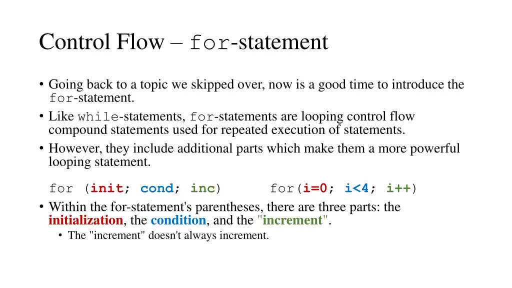 control flow for statement