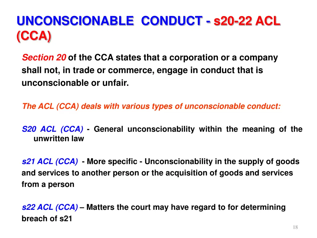 unconscionable conduct s20 22 acl cca