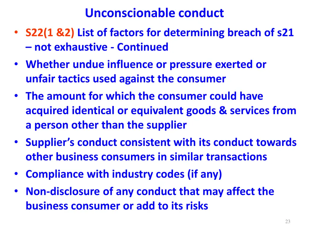 unconscionable conduct s22 1 2 list of factors