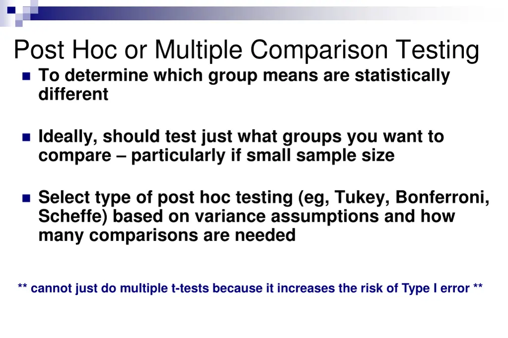 post hoc or multiple comparison testing