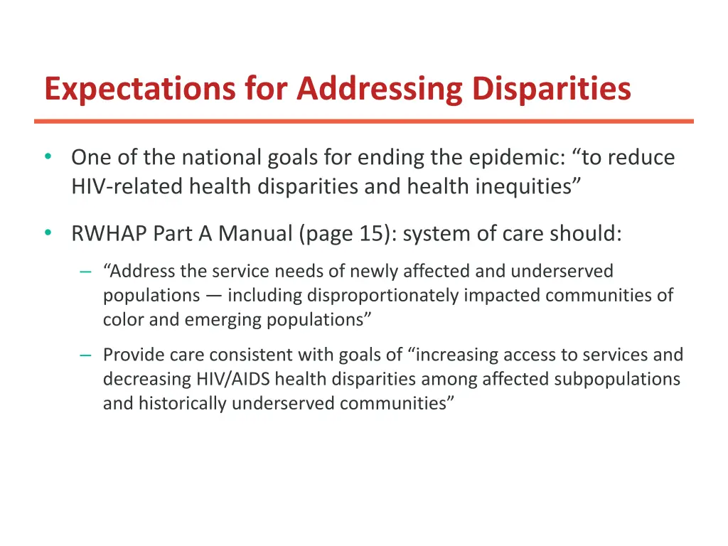 expectations for addressing disparities