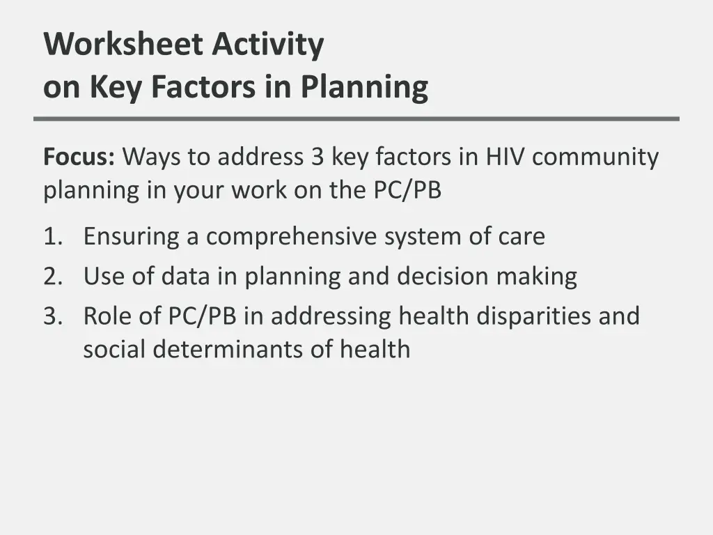 worksheet activity on key factors in planning