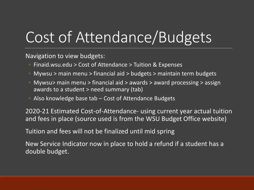 cost of attendance budgets