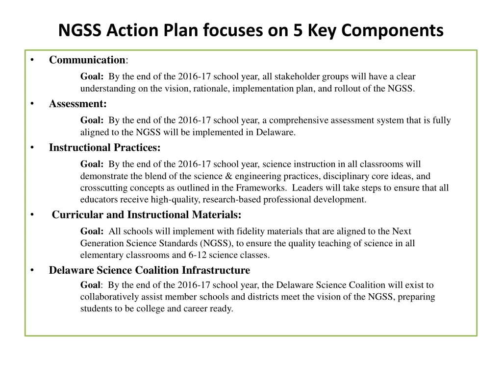 ngss action plan focuses on 5 key components
