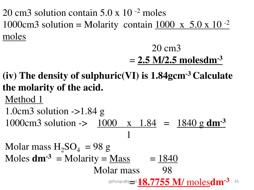 20 cm3 solution contain 5 0 x 10 2 moles 1000cm3