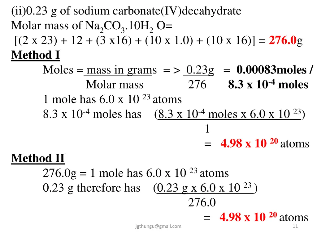 ii 0 23 g of sodium carbonate iv decahydrate