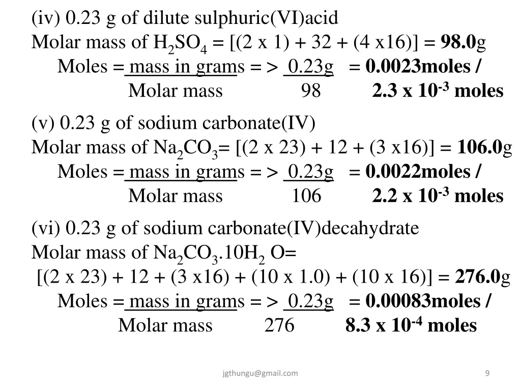 iv 0 23 g of dilute sulphuric vi acid molar mass