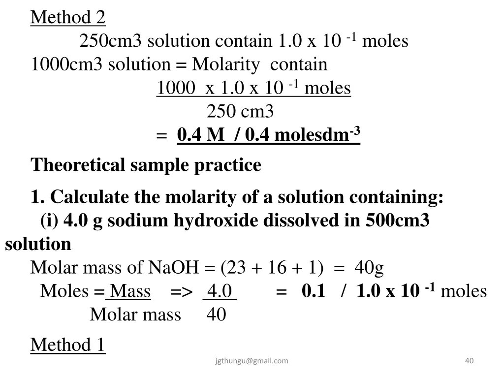 method 2 250cm3 solution contain 1 0 x 10 1 moles