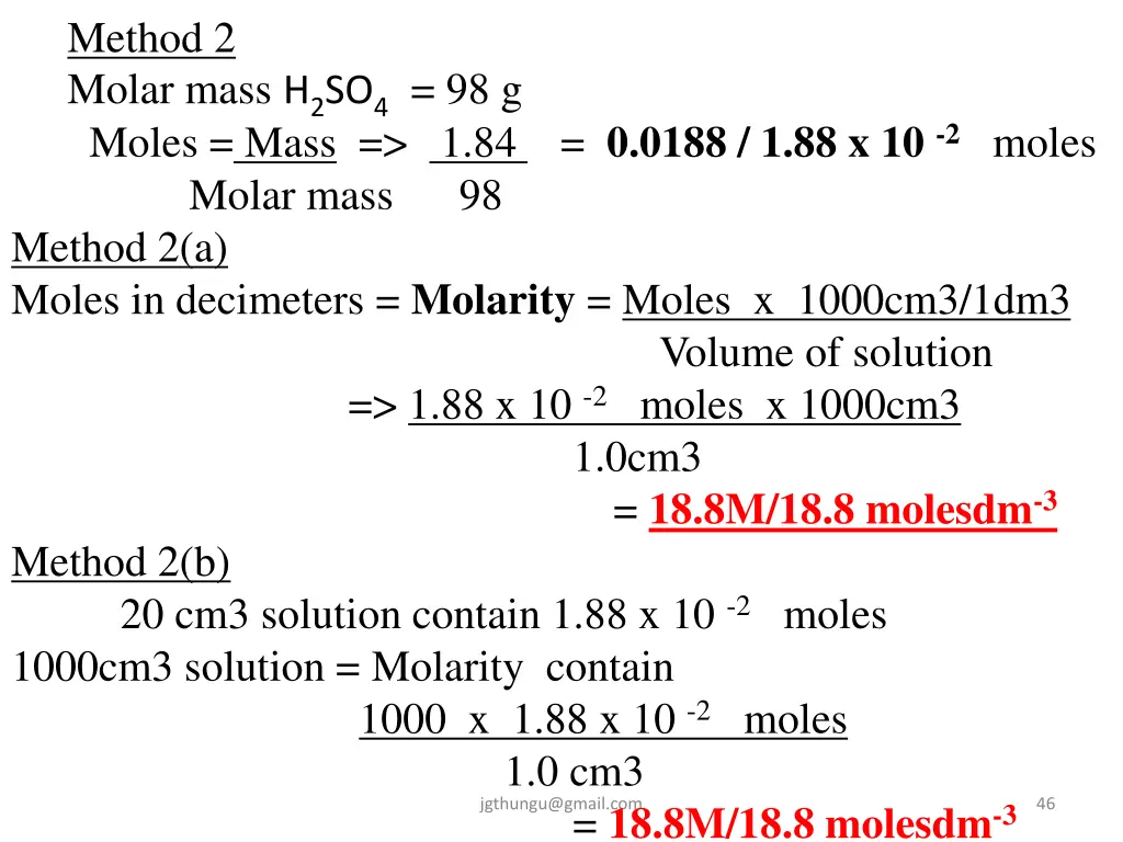 method 2 molar mass h 2 so 4 98 g moles mass