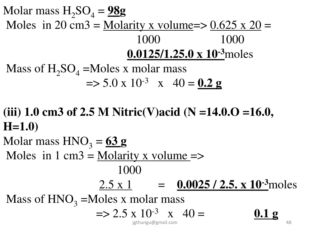 molar mass h 2 so 4 98g moles in 20 cm3 molarity