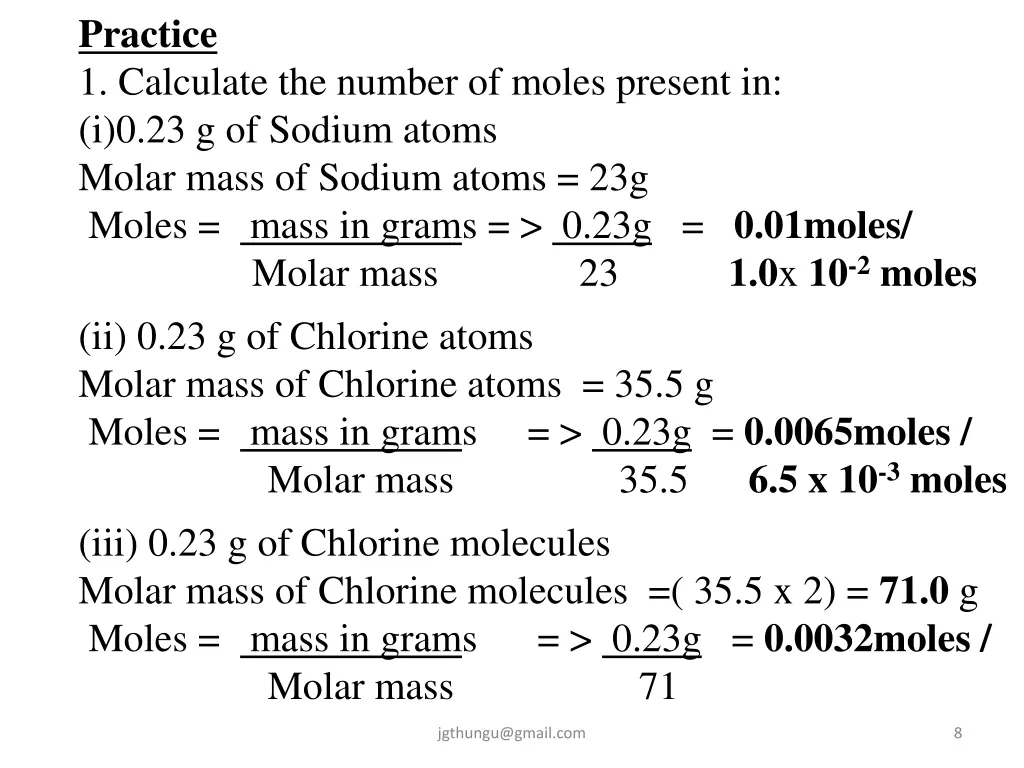 practice 1 calculate the number of moles present