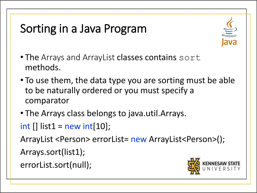sorting in a java program sorting in a java