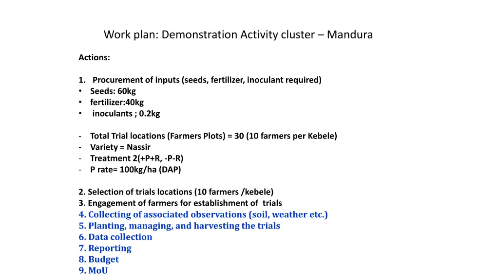 work plan demonstration activity cluster mandura
