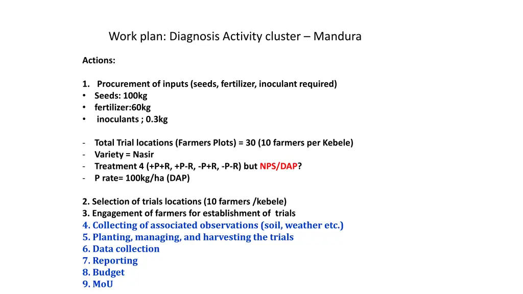 work plan diagnosis activity cluster mandura