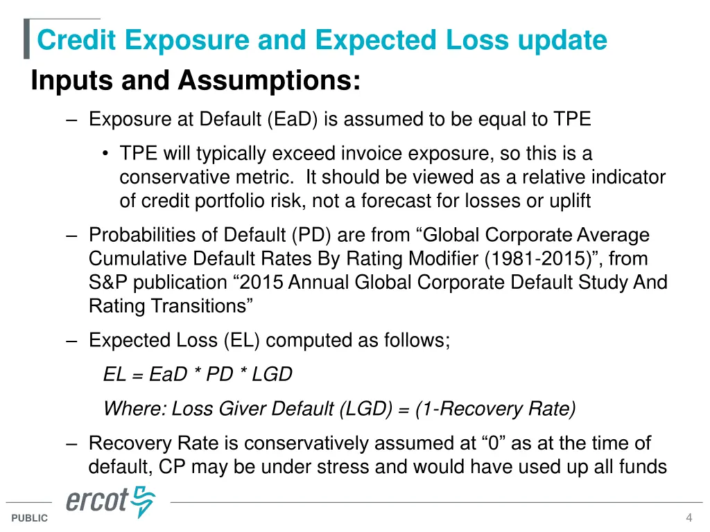 credit exposure and expected loss update inputs