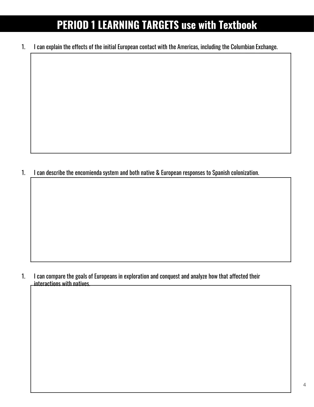 period 1 learning targets use with textbook