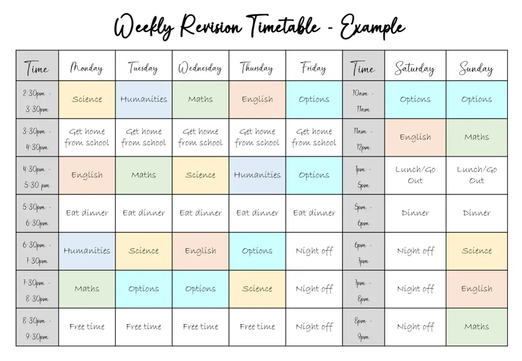 weekly revision timetable weekly revision 7