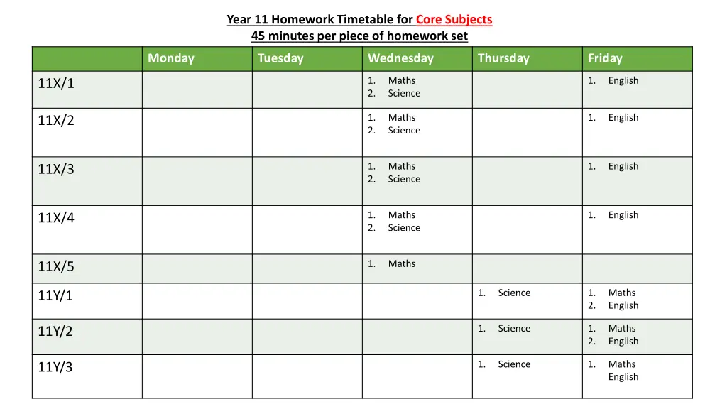 year 11 homework timetable for core subjects
