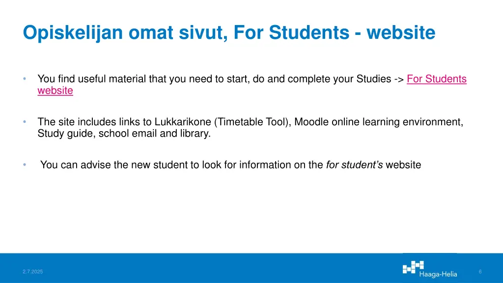 opiskelijan omat sivut for students website