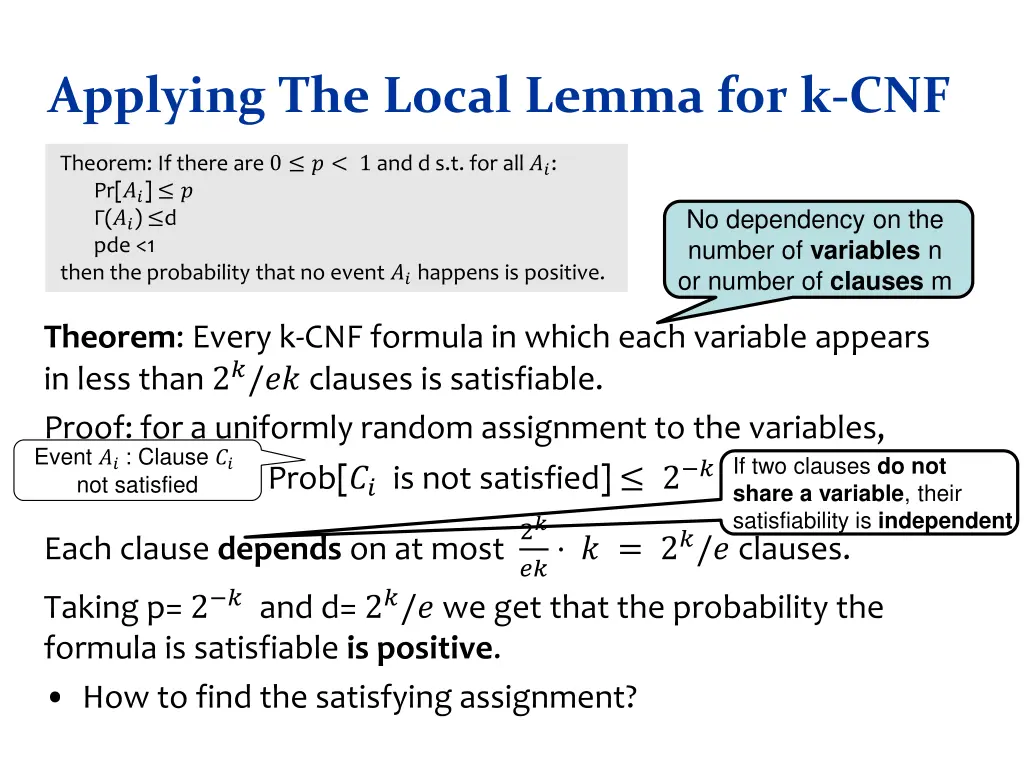 applying the local lemma for k cnf