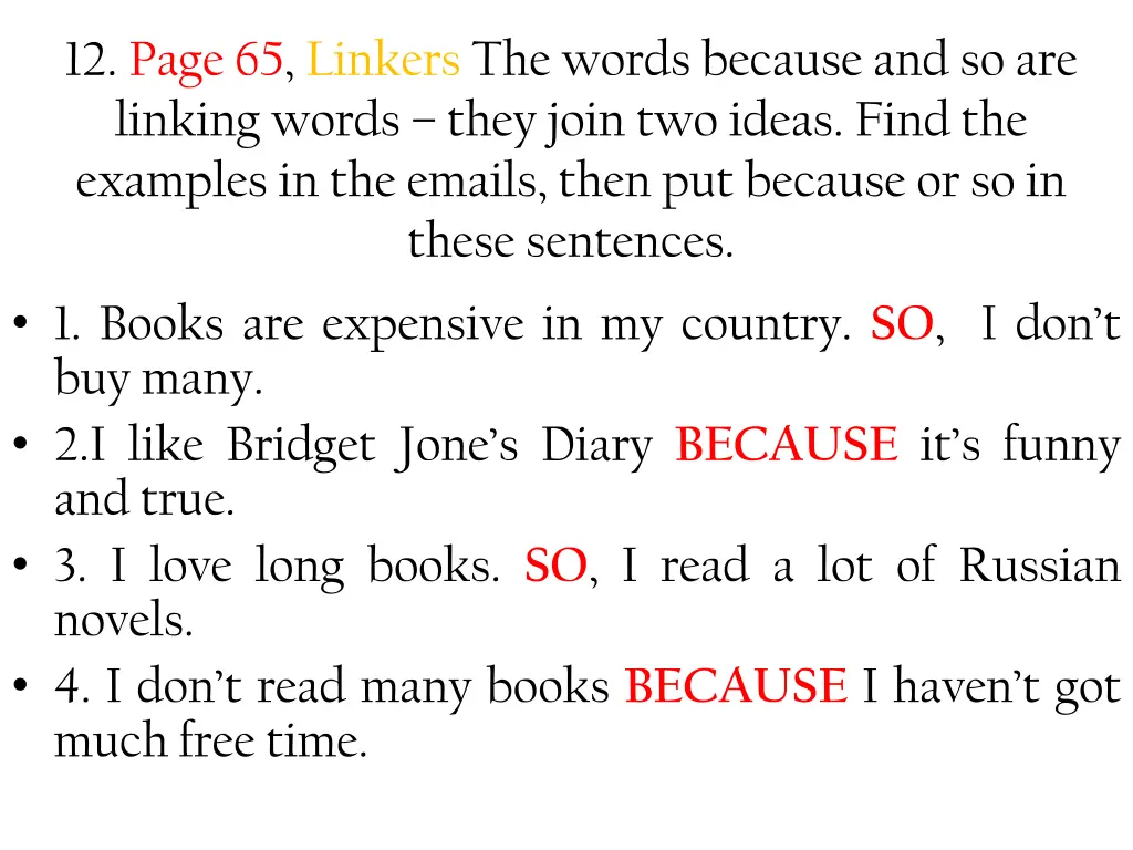 12 page 65 linkers the words because