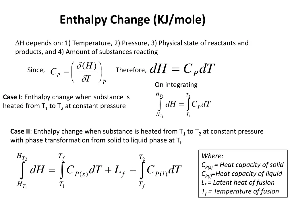 enthalpy change kj mole