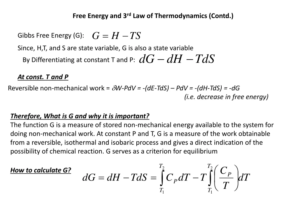 free energy and 3 rd law of thermodynamics contd