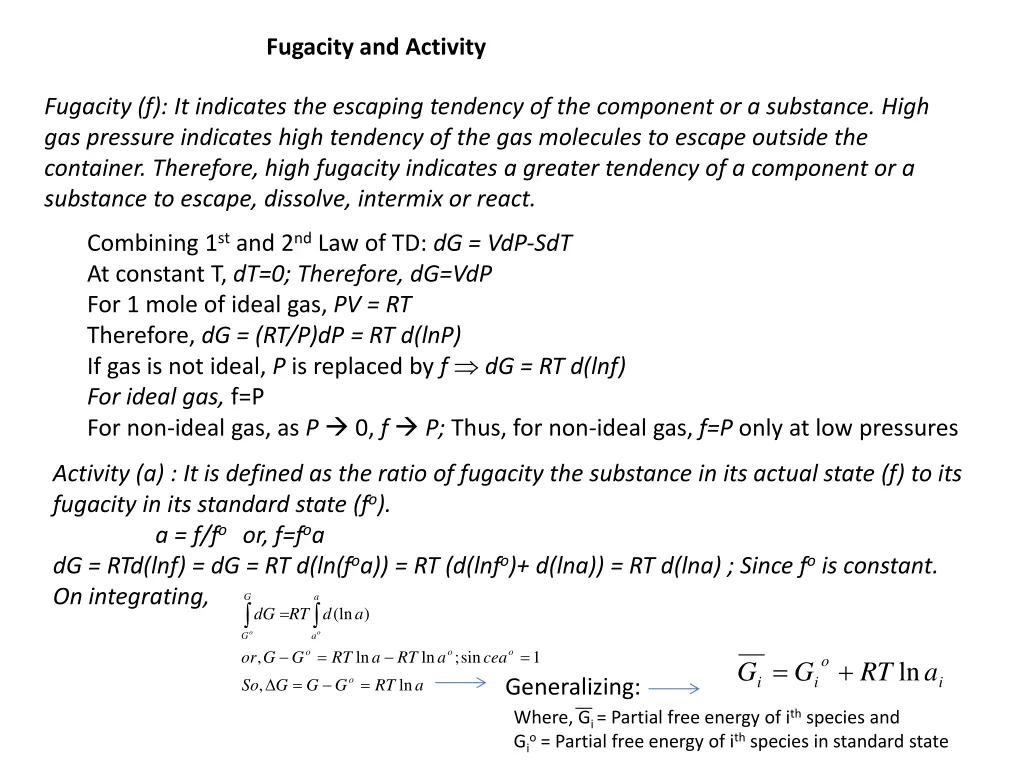 fugacity and activity