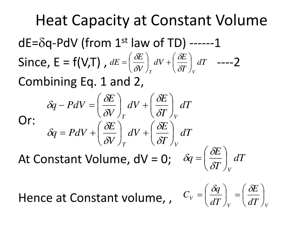 heat capacity at constant volume de q pdv from