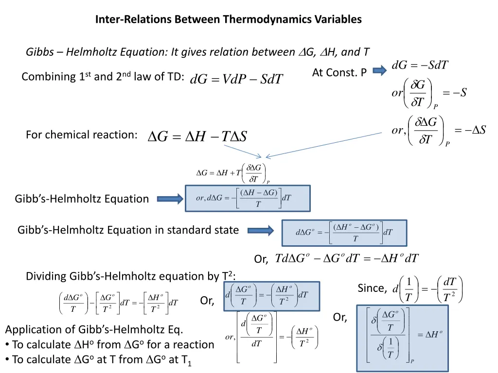 inter relations between thermodynamics variables