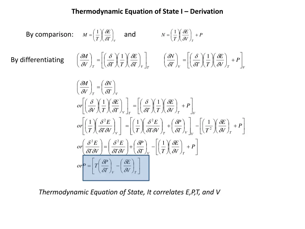 thermodynamic equation of state i derivation 1