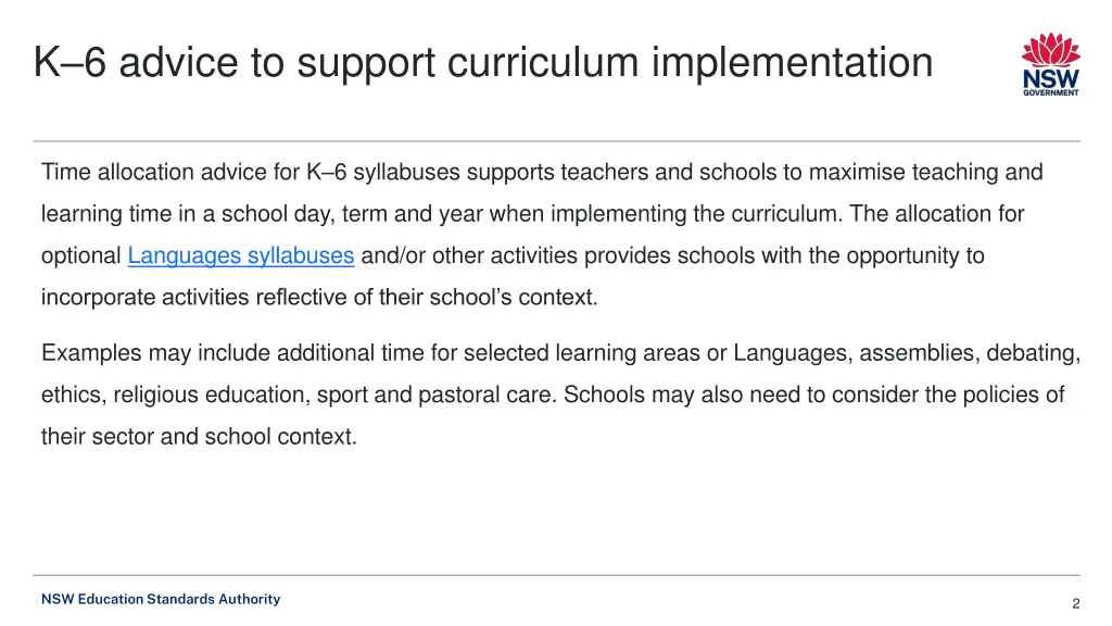 k 6 advice to support curriculum implementation