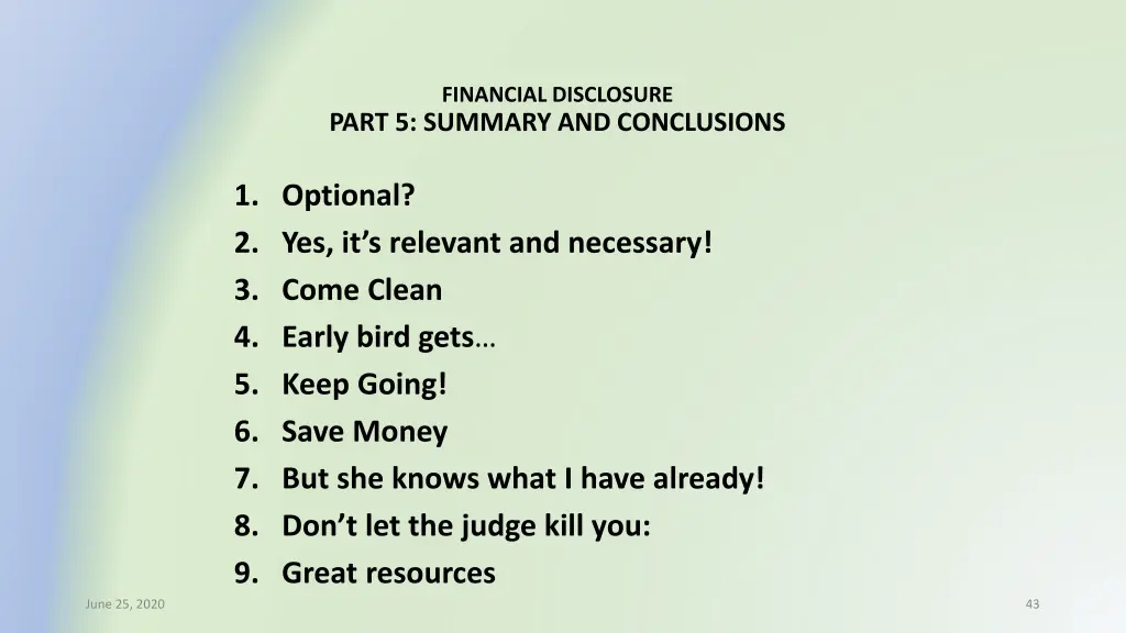 financial disclosure part 5 summary