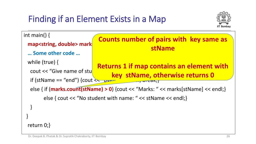 finding if an element exists in a map finding 1
