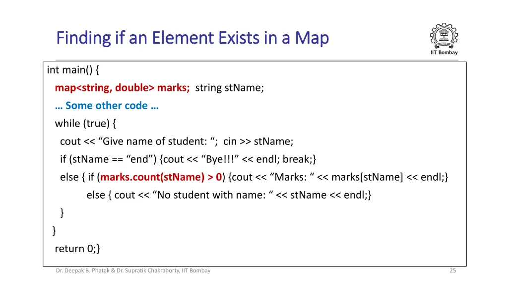 finding if an element exists in a map finding