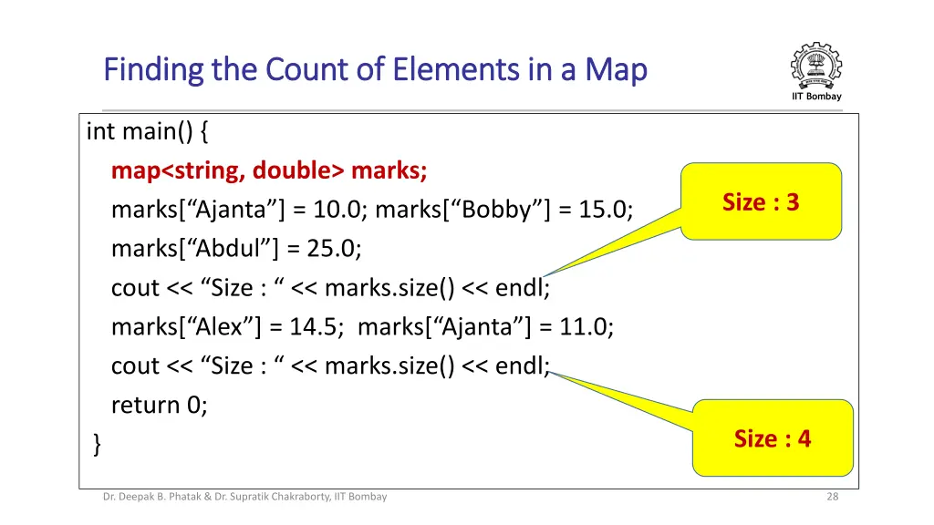 finding the count of elements in a map finding