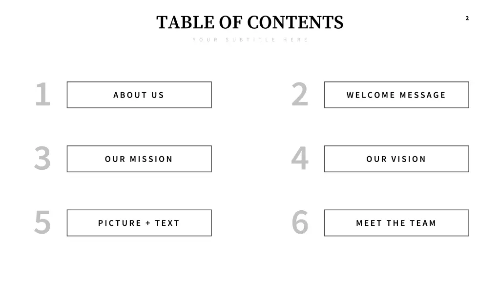 table of contents y o u r s u b t i t l e h e r e