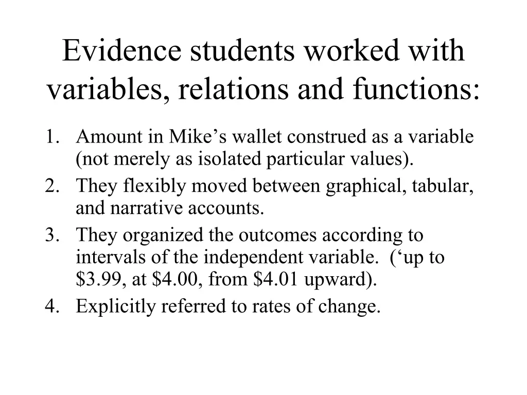 evidence students worked with variables relations