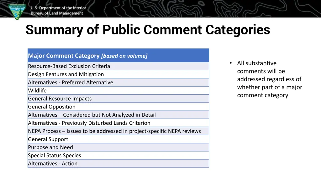 summary of public comment categories