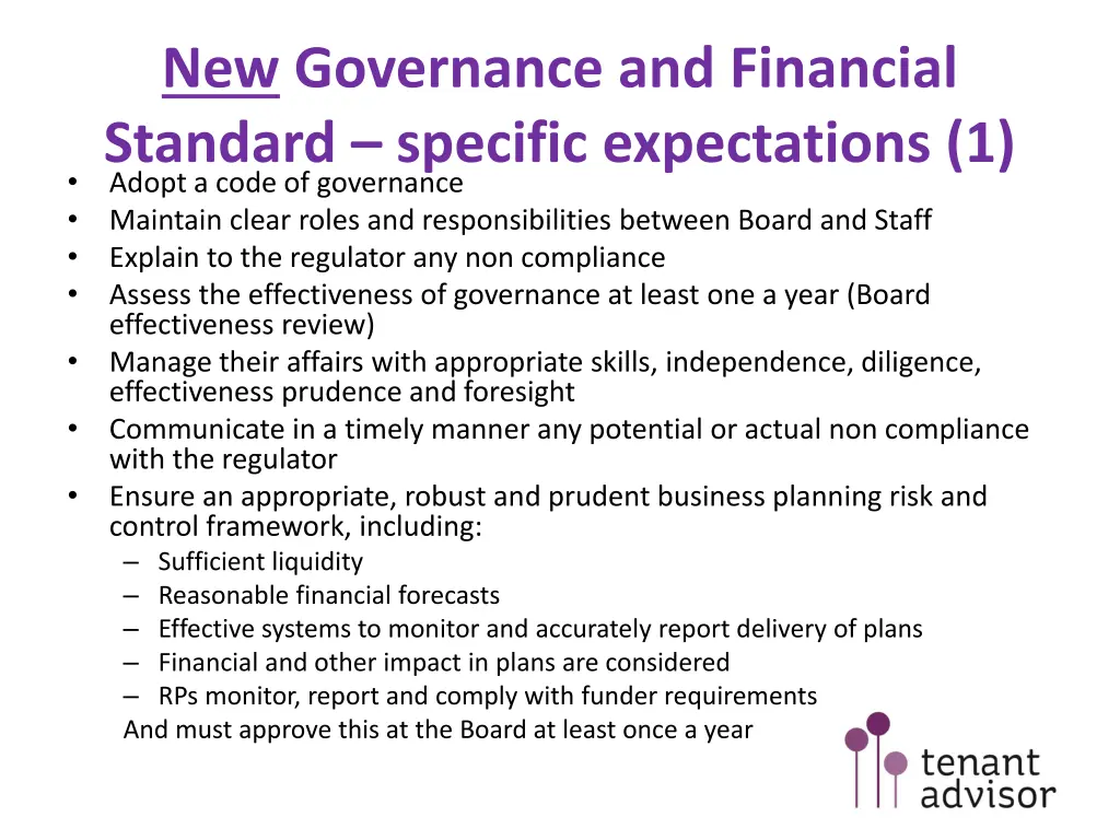 new governance and financial standard specific