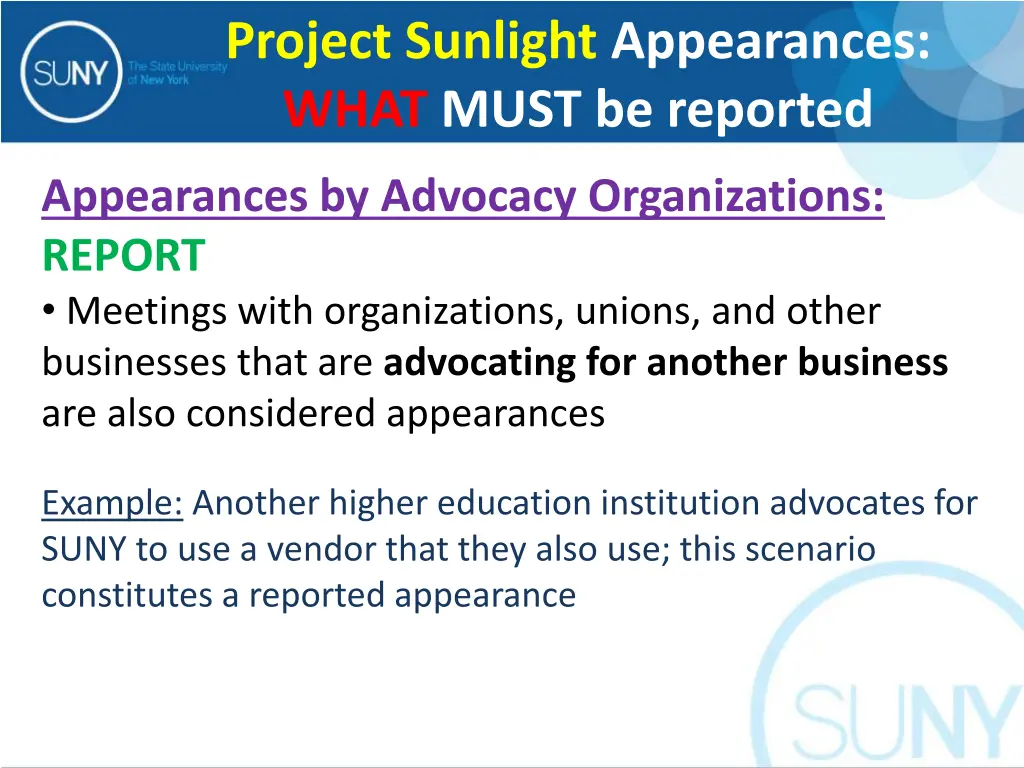 project sunlight appearances what must be reported 3