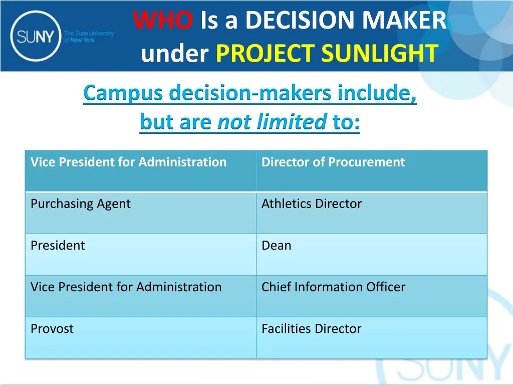 who is a decision maker under project sunlight